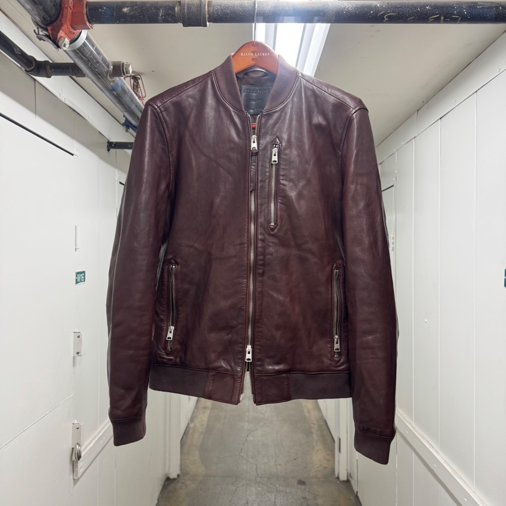 Allsaints Sheepskin Leather Oxblood Double Zip Mason Bomber Jacket